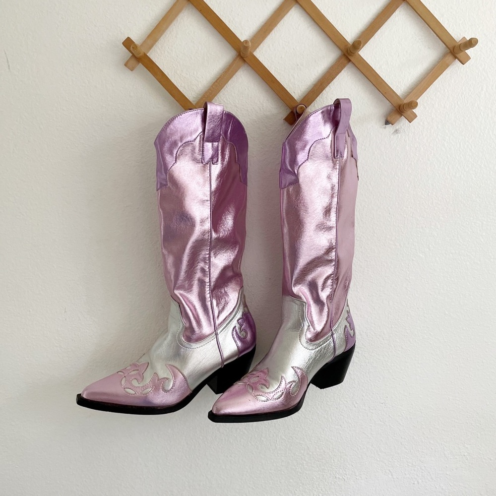 Azalea Wang Hendrix Knee High Western Boot in High Shine Pink, Purple, & Silver